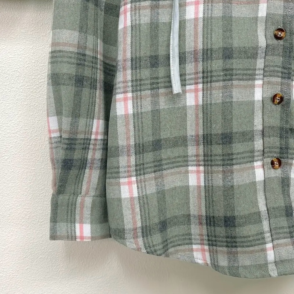Lightweight Hooded Plaid Flannel Button Front Shirt Sage Green - Picture 5 of 7